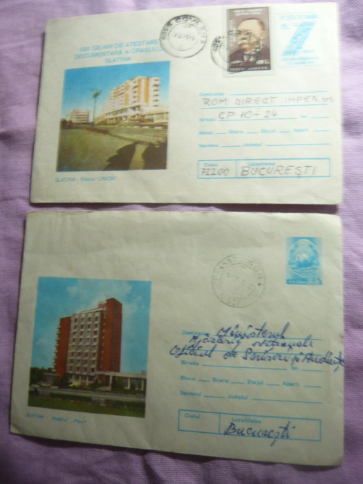 2 Plicuri ilustrate circulate Slatina -Bloc Union si Hotel Parc cod 86/84 si 136