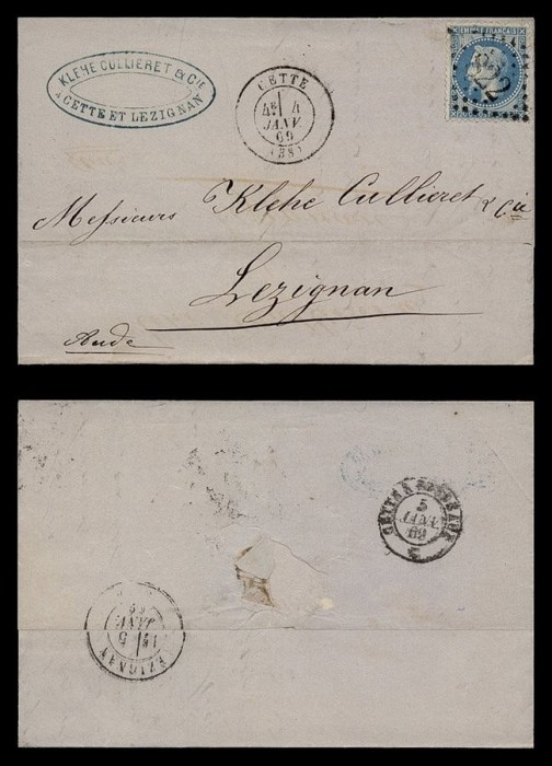 France 1869 Cover + content Cettes to Lezignan - Railroad cancel D.192