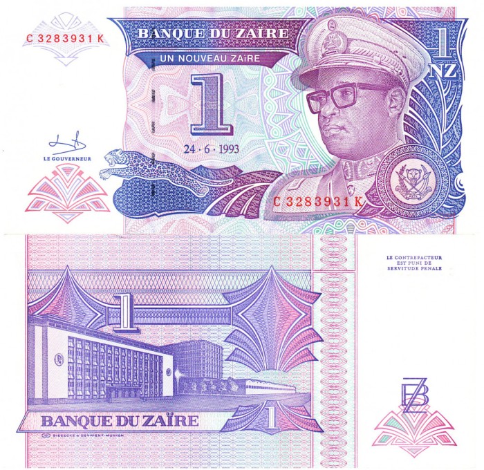 Zair 1 Nouveau Zaire 1993 P-52 UNC