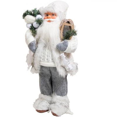 Figurina Decorativă, Moș Crăciun, 45cm, Culori Alb și Gri, Poliester foto