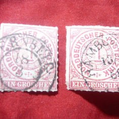 2 Timbre Germania 1868 Nord Deutscher 1 gr rosu si carmin ,stampilate