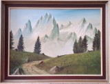 Peisaj montan - pictură &icirc;n ulei semnată monogramic, Peisaje, Realism