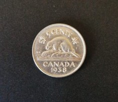 Canada 5 Cents 1938 moneda rara din nichel km # 413