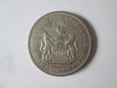 Rară! Rhodesia și Nyasaland:Half Crown 1955,regina Elizabeth II primul portret foto