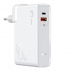 Incarcator Retea cu cablu USB Tip-C Baseus GaN, 1 X USB - 1 X USB Tip-C, 45W, Powerbank (10000 mAh), Quick Charge - Power Delivery, Alb PPNLD-C02