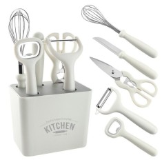 Pachet eMazing de 6 ustensile de bucătărie, include suport, desfăcător de conserve, curățător de legume, foarfecă, cuțit, tel, fabricate din ABS și oț