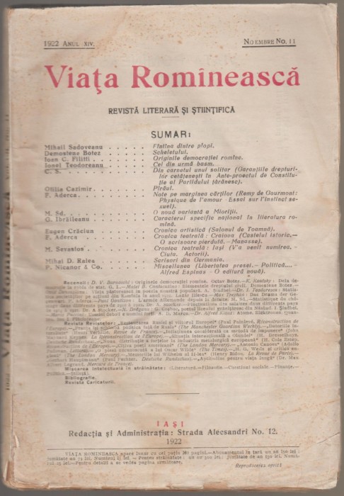 Revista Viata Romaneasca - Anul XIV, Nr. 11/1922