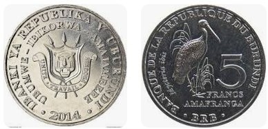 Burundi 2014 - 5 francs, ibis, UNC foto