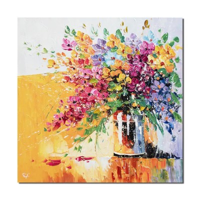 Tablou modern 3D cu flori pictat manual, Vaza cu flori multicolore, 80x80cm ulei pe panza in cutit Valentin Pop foto