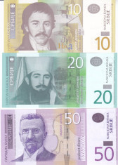 Bancnota Serbia 10, 20 si 50 Dinari 2006-13 - P46,55,56 UNC ( set x3 ) foto