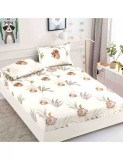 Set crem deschis cu husa de pat si 2 fete de perna cu elastic, cu floricele portocalii, pentru pat de 2 persoane, Home