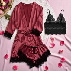 Set Pijama de Dama 3 Piese din Satin, Culoare Visiniu - MEI11