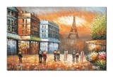 Tablou Paris pictat manual, turnul Eiffel, 90x60cm ulei pe panza in cutit efect 3D, gata de expus pe perete