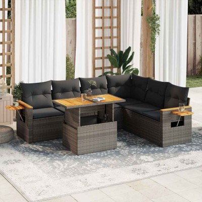 vidaXL Set canapele grădină cu perne 7 piese gri poliratan/lemn acacia 3327609 foto