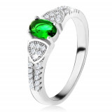 Inel cu zirconiu oval, verde triunghiuri, ştrasuri transparente, argint 925 - Marime inel: 50