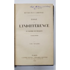 ESSAI SUR L&#039;INDIFFERENCE EN MATIERE DE RELIGION - PARIS, 1859