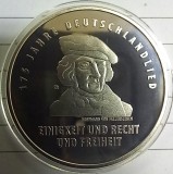 (A89) MONEDA DIN ARGINT GERMANIA - 20 EURO 2016, LIT. J, 175 ANI APARITIA DEUTSCHLANDLIED, STARE PROOF