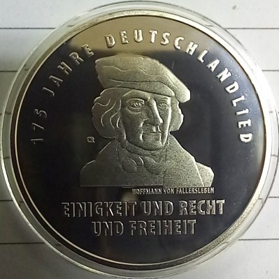 (A89) MONEDA DIN ARGINT GERMANIA - 20 EURO 2016, LIT. J, 175 ANI APARITIA DEUTSCHLANDLIED, STARE PROOF foto