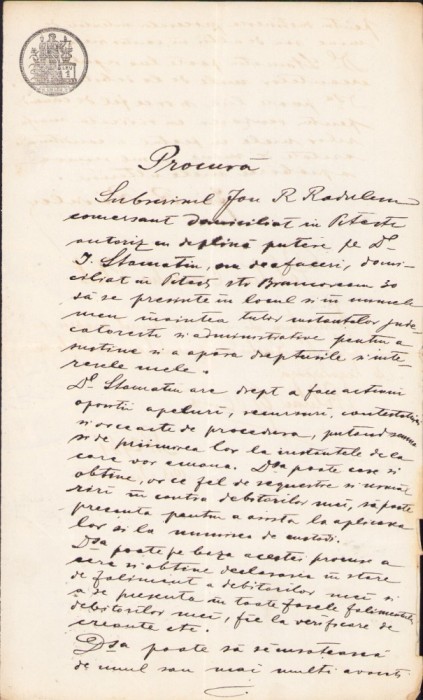 A2681N Procură pentru reprezentare &icirc;n fața instanțelor judecătorești și declara faliment debitori, 1913, Pitești, legalizată de poliția orașului