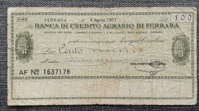 100 Lire 1977 Ferrara Italia / Banca di Credito Agrario Ferrara / seria 1637178 foto