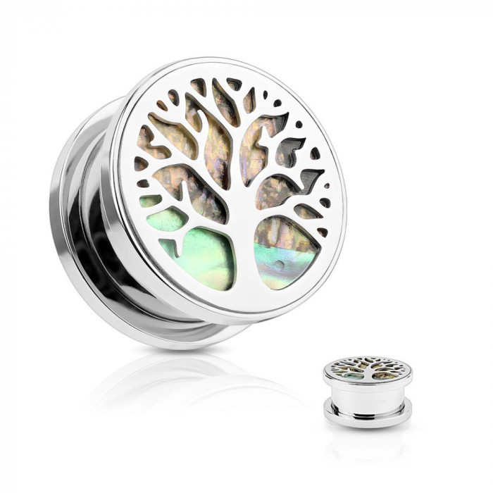 Tunel pentru urechi din oțel, copacul vieții, cerc din scoică Abalone, culoare argintie - Lățime: 10 mm