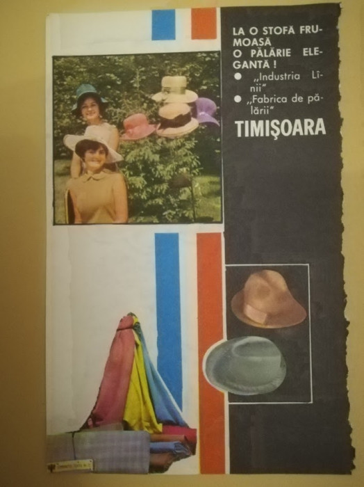 1972, Reclamă Fabrica de Pălării TIMISOARA 19 x 12 cm, moda in comunism