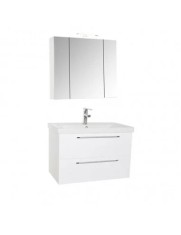 Set mobilier baie suspendat, cu lavoar ceramic, GN0541, front MDF, 80 cm, 2 sertare, glisiere soft close si dulap cu oglinda Celine, PAL, iluminare le