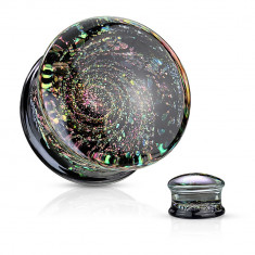 Plug din sticlă pentru ureche - partea de jos neagră cu sclipici multicolor, motiv de cosmos - Lățime: 14 mm