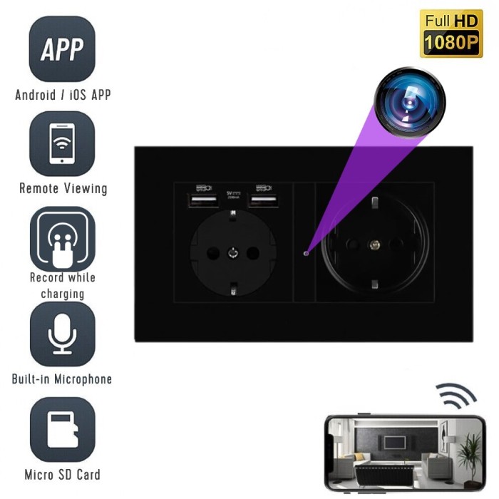 Camera Spion WIFI, TSS-EUC2B Ascunsa in Priza Dubla, Full HD, 5MP, Inregistrare Audio-Video, Detectia Miscarii, cu Aplicatie Mobila,Neagra