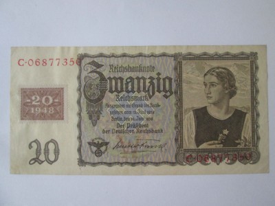 Rara! Germania Democrata(RDG/DDR) 20 Mark 1948 cu timbru pe 20 Mark 1939 foto
