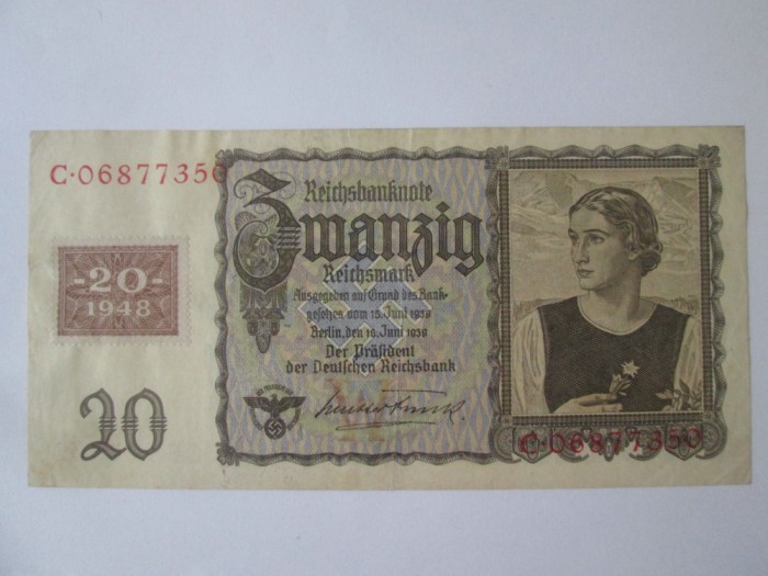 Rara! Germania Democrata(RDG/DDR) 20 Mark 1948 cu timbru pe 20 Mark 1939