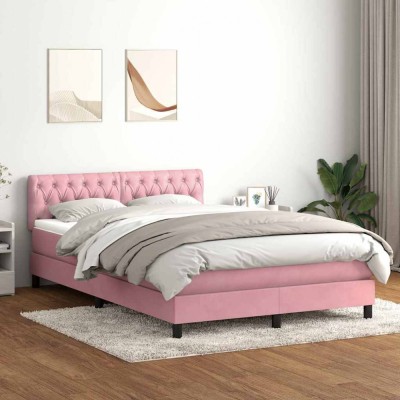 vidaXL Pat box spring cu saltea, roz, 140x210 cm, catifea foto