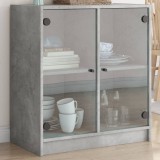 Dulap lateral cu uși din sticlă, gri beton, 68x37x75,5 cm