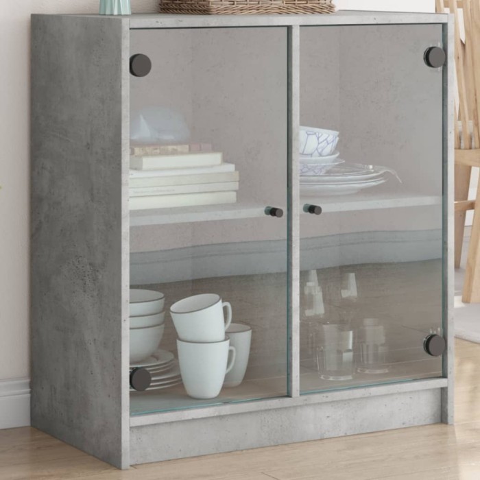 Dulap lateral cu uși din sticlă, gri beton, 68x37x75,5 cm