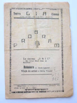 M3 C18 - Program cinematograf - Cinema Unic - anii 1930 foto