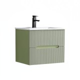 Dulap Baie Leziter Trent 60cm Pistachio Green-Olive Green, cu Chiuveta Ceramica, 2 Sertare Soft-Close, Montat pe Perete