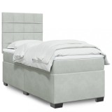 Gossi pat box spring cu saltea, gri deschis, 90x190 cm, catifea