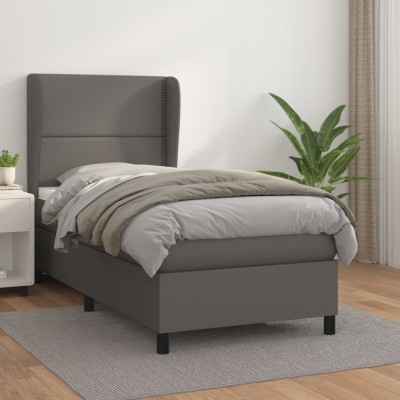 vidaXL Pat box spring cu saltea, gri, 90x200 cm, piele ecologică foto