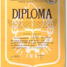 Diploma Pionier de frunte 1984 cu insigna atasata