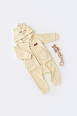 Set Ursulet cu bluzita cu fermoar si gluga si pantaloni lungi din 80%bumbac organic si 20% poliester - Crem, BabyCosy (Marime: 1 foto