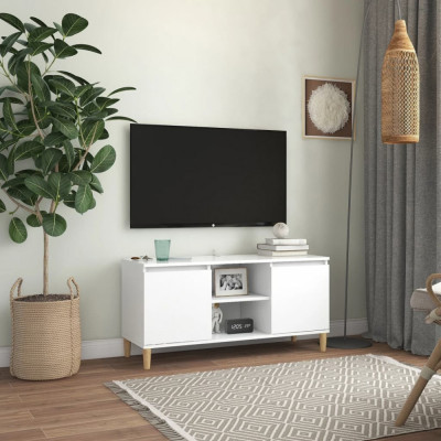 Comoda TV cu picioare din lemn masiv, alb, 103,5x35x50 cm foto