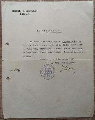 Certificat emis de Legatia Germana in Bucuresti 1927 foto