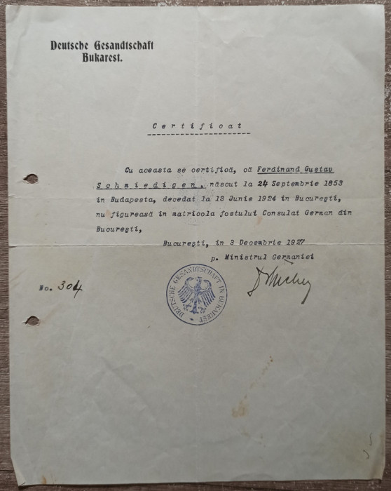 Certificat emis de Legatia Germana in Bucuresti 1927