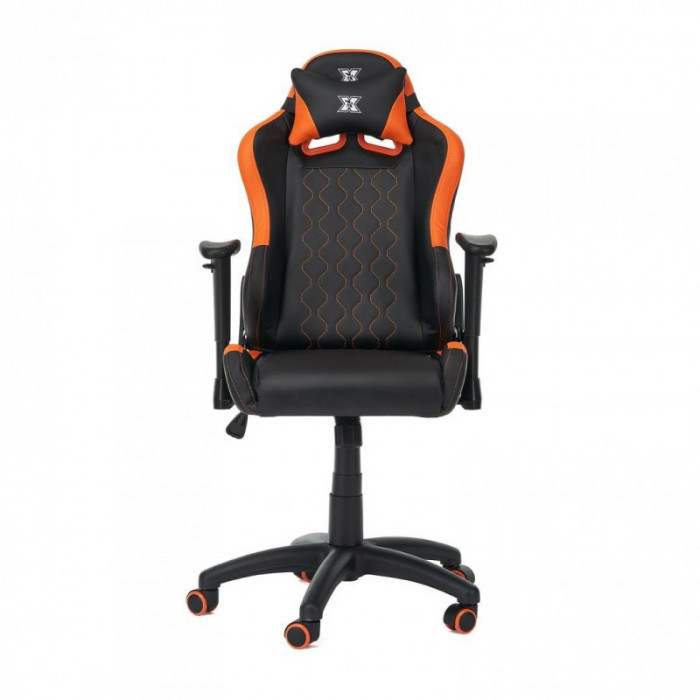 Scaun gaming pentru copii Serioux, 108-117.5 cm, piele ecologica, piston gaz, manere reglabile, maxim 100 kg, Negru/Portocaliu