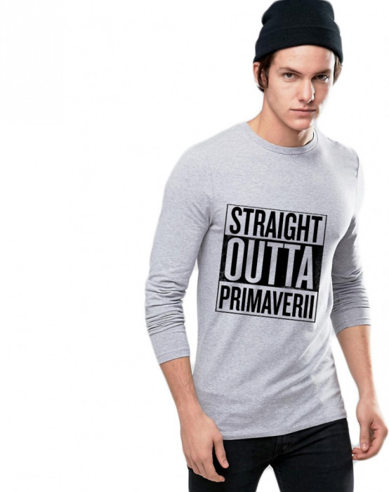 Bluza barbati gri cu text negru - Straight Outta Primaverii - XL