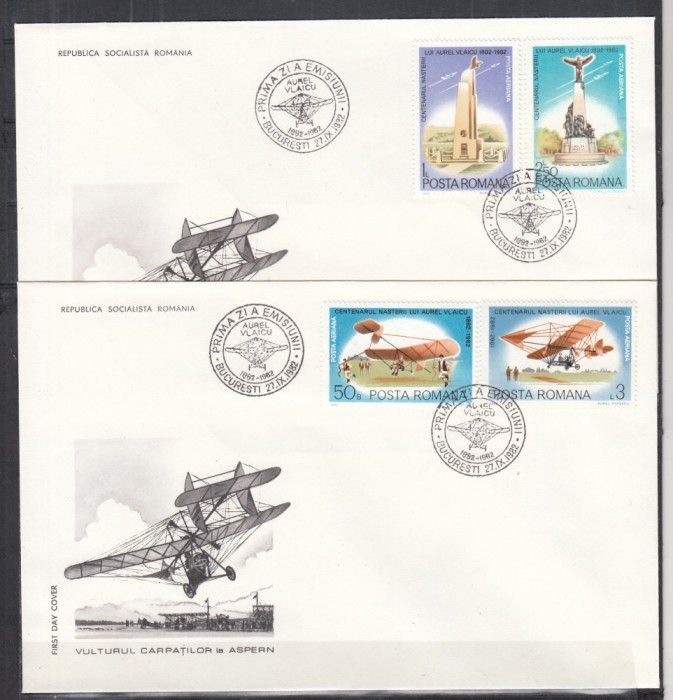 ROMANIA 1982 LP 1061 CENTENARUL NASTERII LUI AUREL VLAICU SERIE FDC