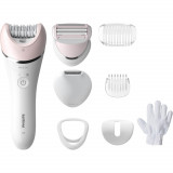 Epilator umed si uscat Philips Seria 8000 BRE721/00, 8 accesorii, 32 pensete, Utilizare fara fir, 2 setari viteza, opti-light, Discuri ceramice, Argin