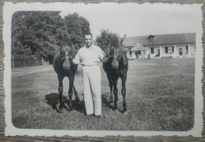 Barbat cu cai dintr-o ograda romaneasca// foto perioada interbelica