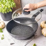 Tigaie din aluminiu turnat, marmorata, cu capac, neagra, 28cm, Klausberg