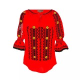 Cumpara ieftin Bluza Tip Ie Traditionala Rosie cu Motiv Geometric Negru de Dama - IMS145